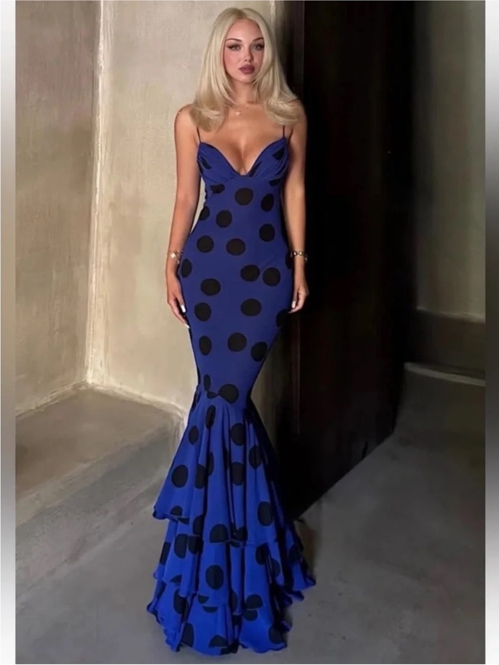 Zara Blue Maxi Dress with Black Polka Dots